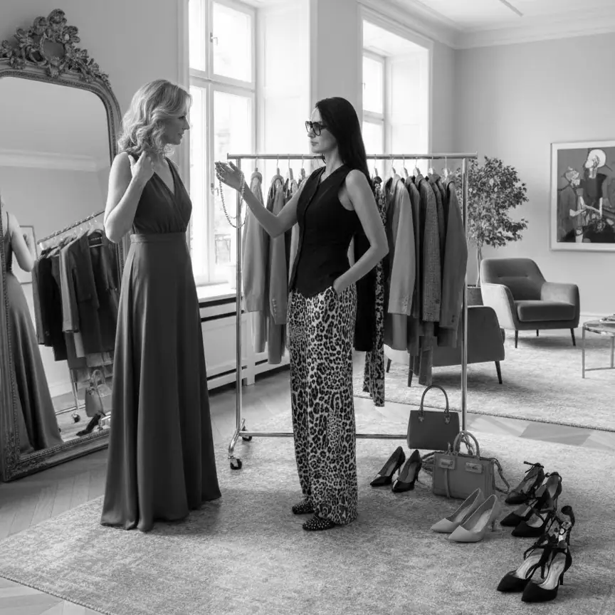 Personal stylist in London conducting wardrobe curation session